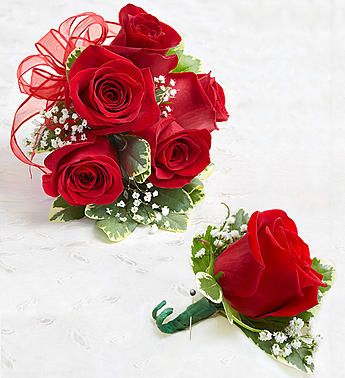 Red Spray Rose Corsage and Boutonniere