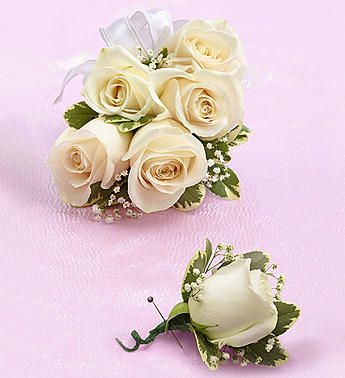 White Spray Rose Corsage and Boutonniere