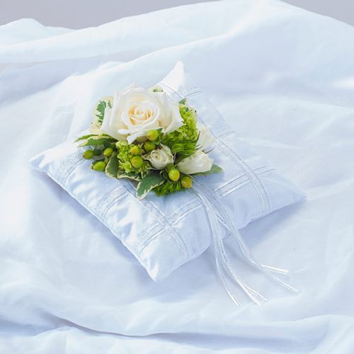 White Satin Square Pillow w/White Roses